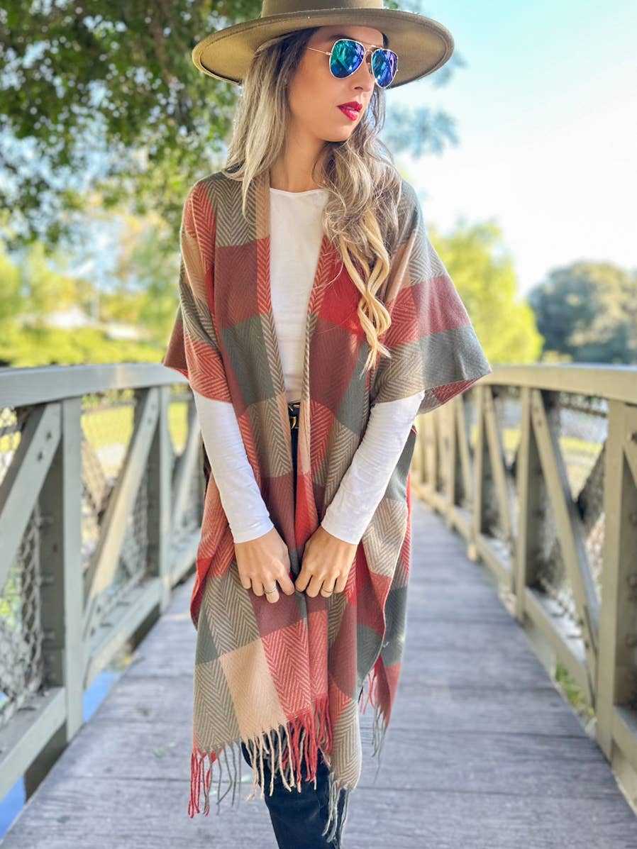 Elegant Rust Autumn Check Plaid Ruana Cardigan with Tassels