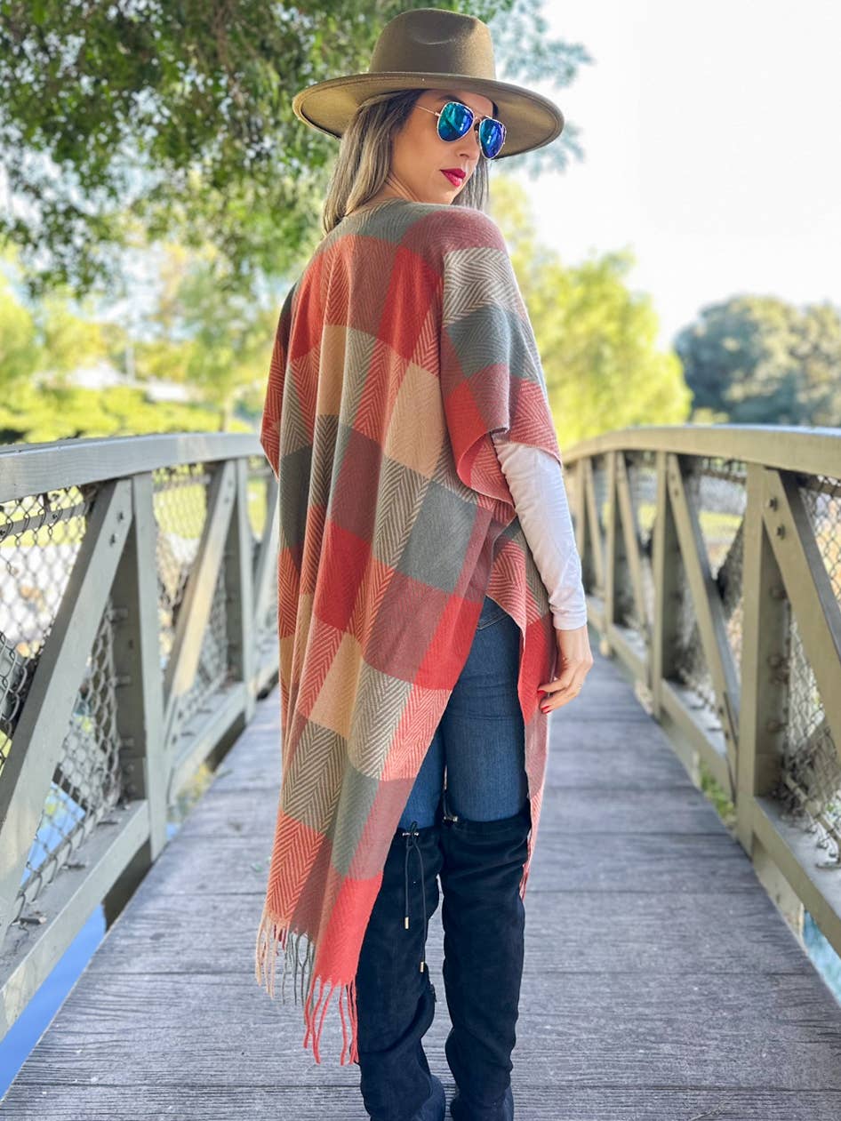 Elegant Rust Autumn Check Plaid Ruana Cardigan with Tassels