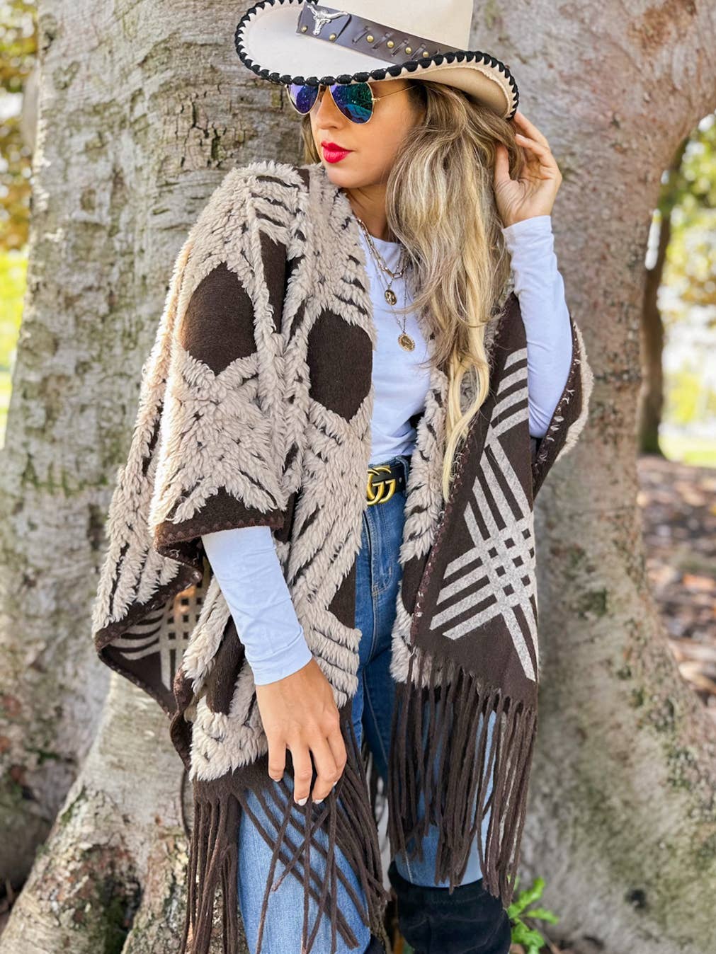 Western Boho 3D Geometric Textured Fringe Ruana Cardigan