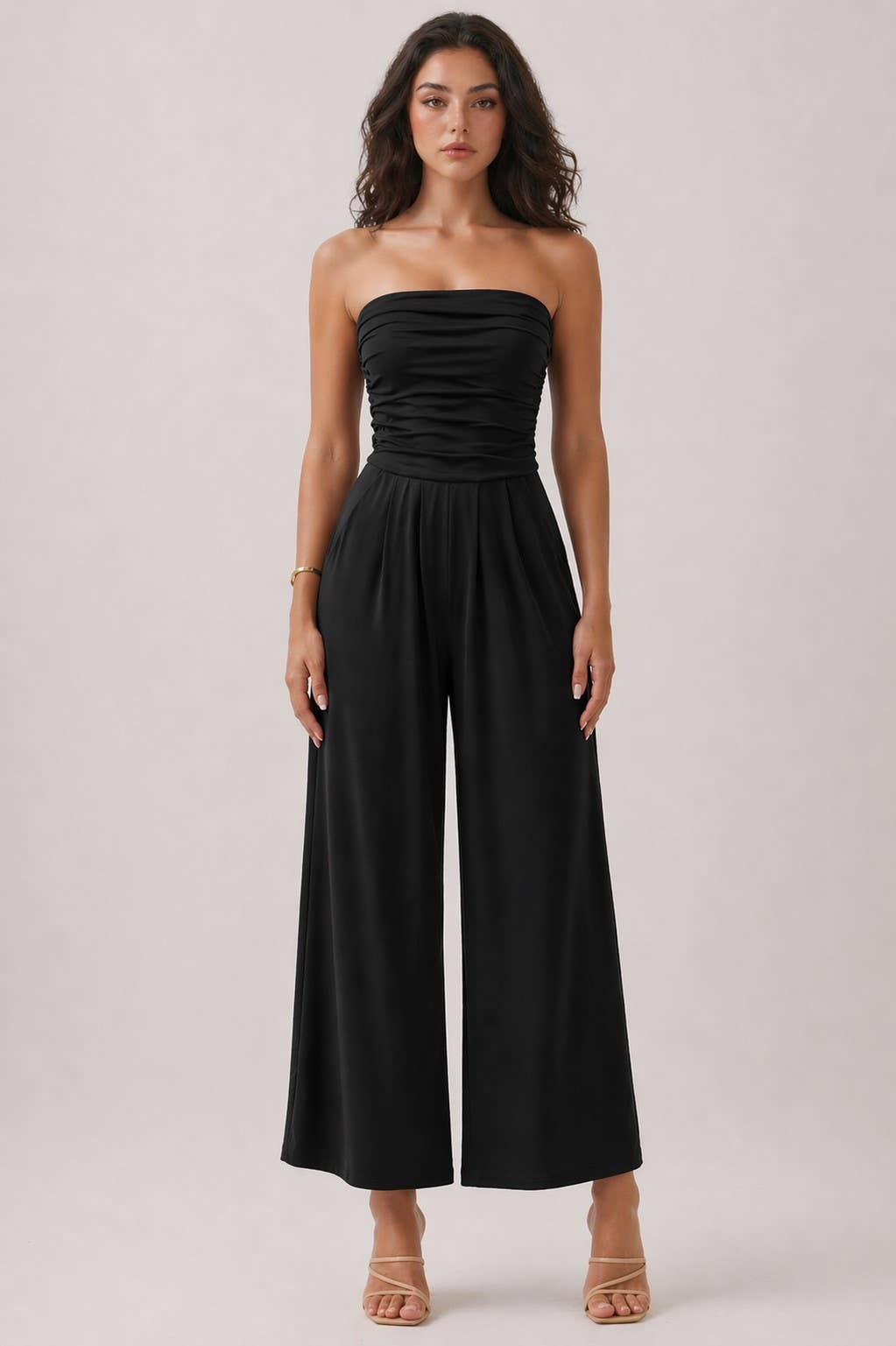 JR16435F - TUBE TOP W/SHIRRING PALAZZO ROMPER