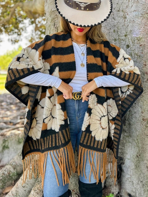 Brown Western Boho 3D Floral Stripe Fringe Ruana Cardigan