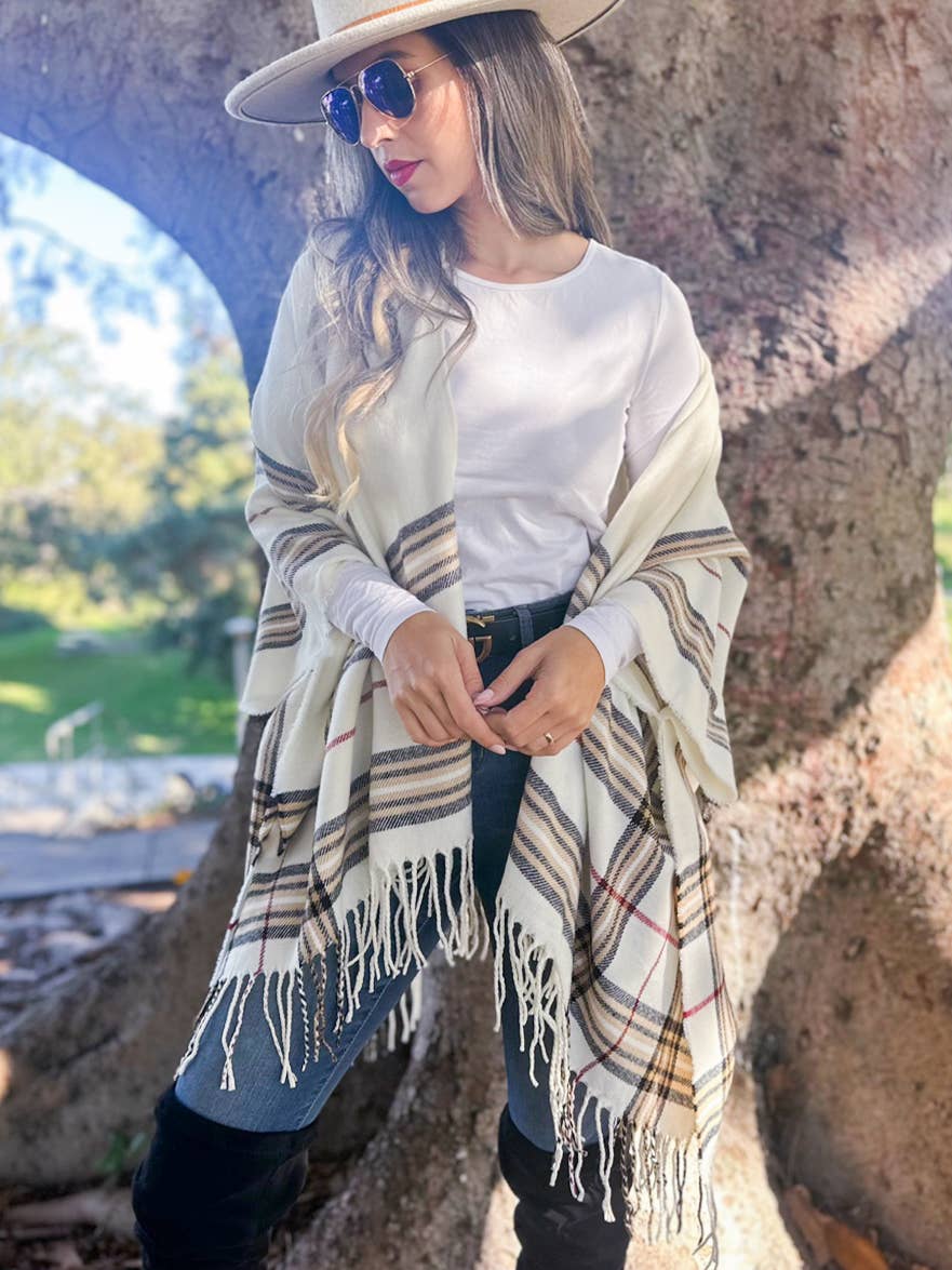 Ivory Plaid Print Knitted Ruana Kimono Cardigan with Tassel