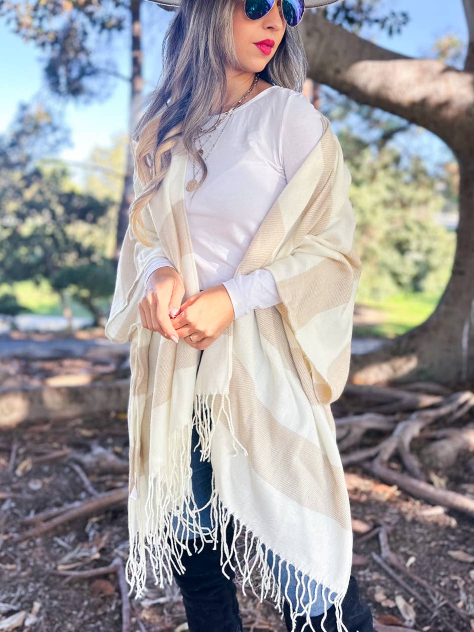 Cream Stripe Print Knitted Cozy Ruana Cardigan With Tassel