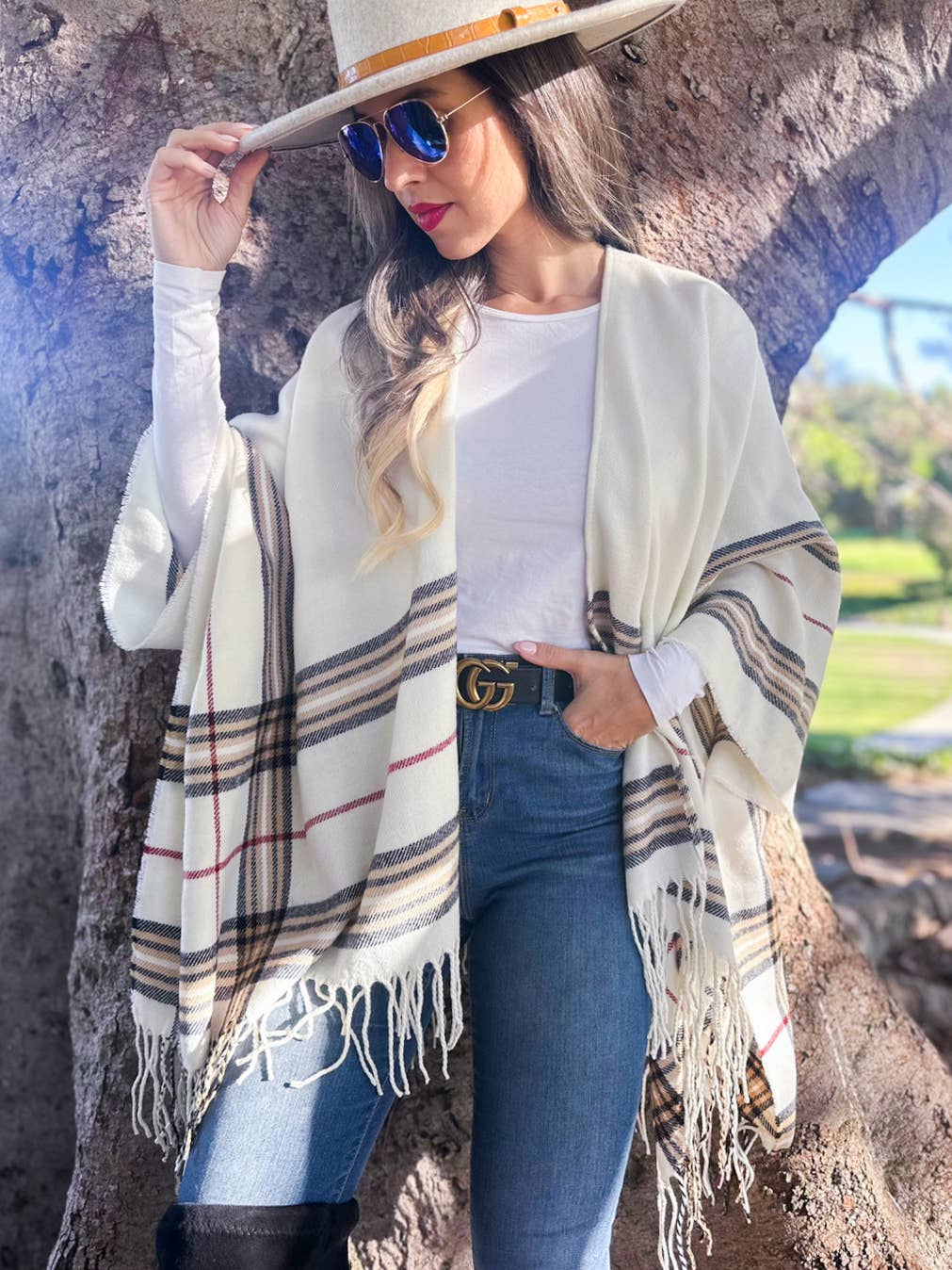 Ivory Plaid Print Knitted Ruana Kimono Cardigan with Tassel