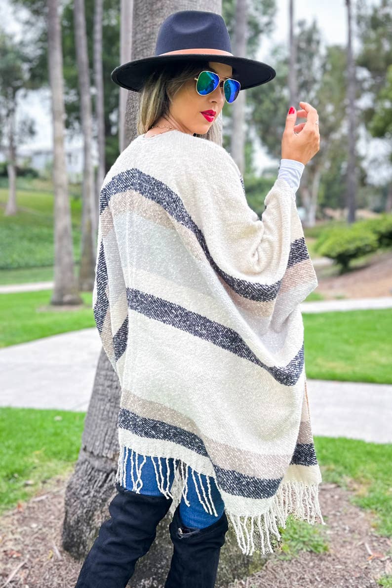 Oatmeal Multi Stripe Printed Soft Knit Cozy Ruana Cardigan