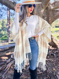 Cream Stripe Print Knitted Cozy Ruana Cardigan With Tassel