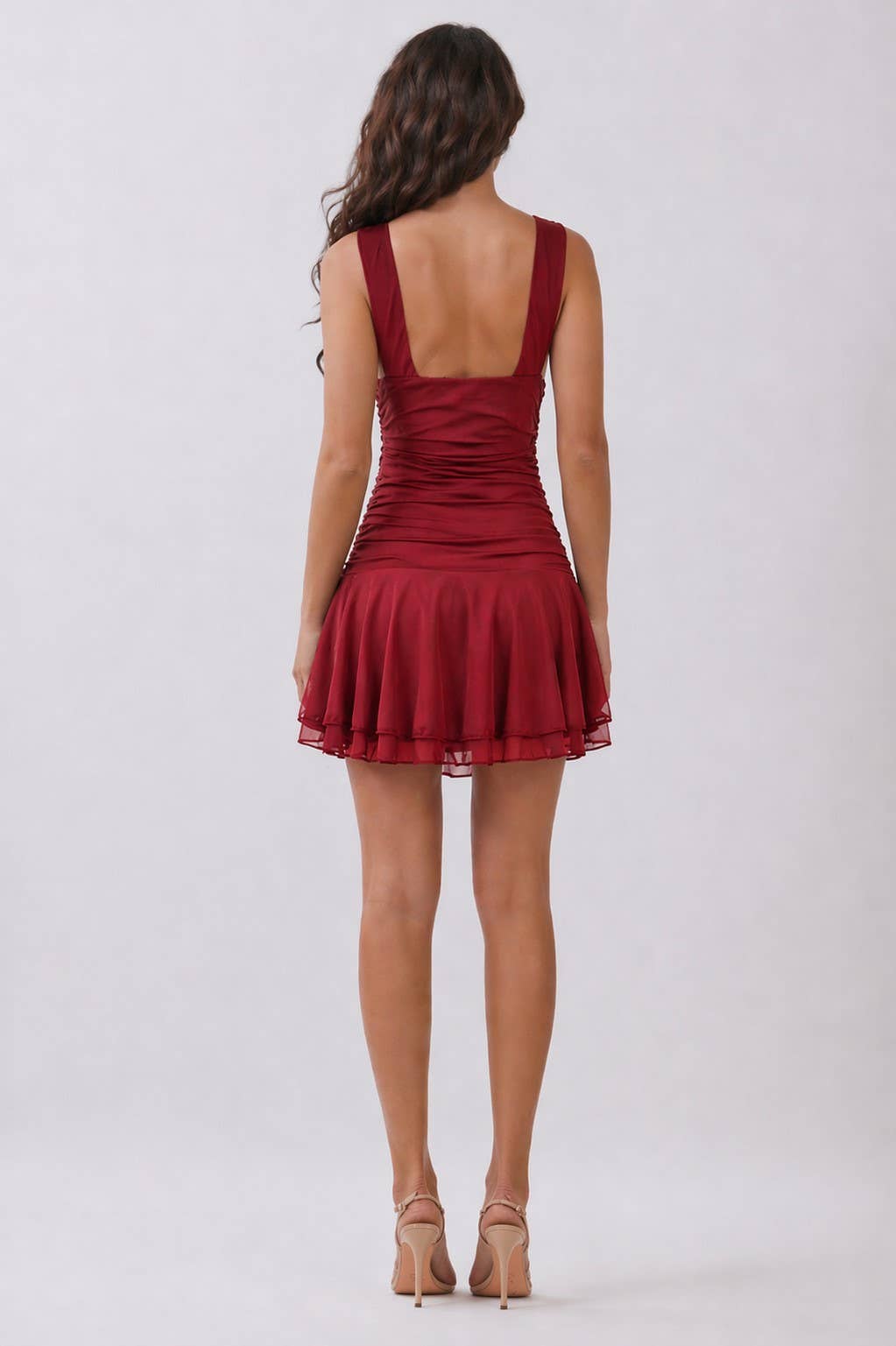 LD57530 - V-NECK WITH SIDE RUCHED LAYERED MINI DRESS