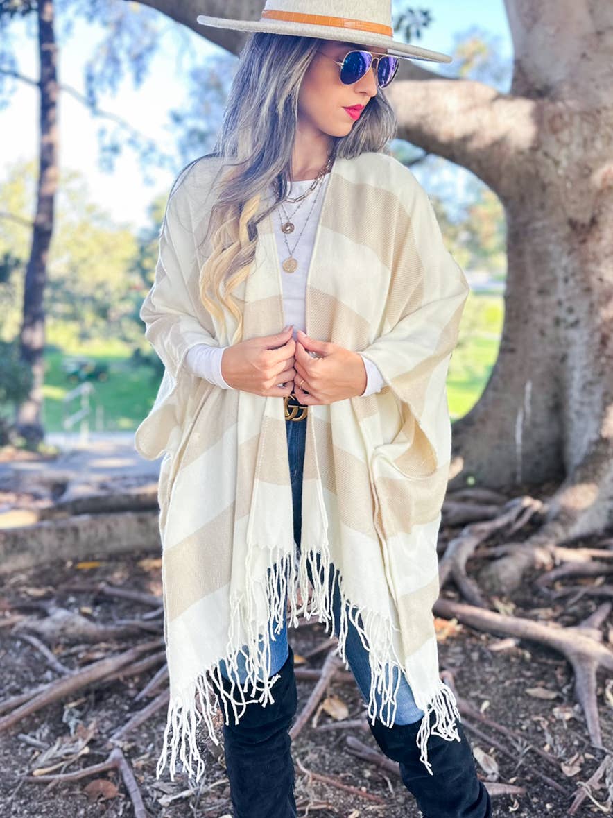 Cream Stripe Print Knitted Cozy Ruana Cardigan With Tassel