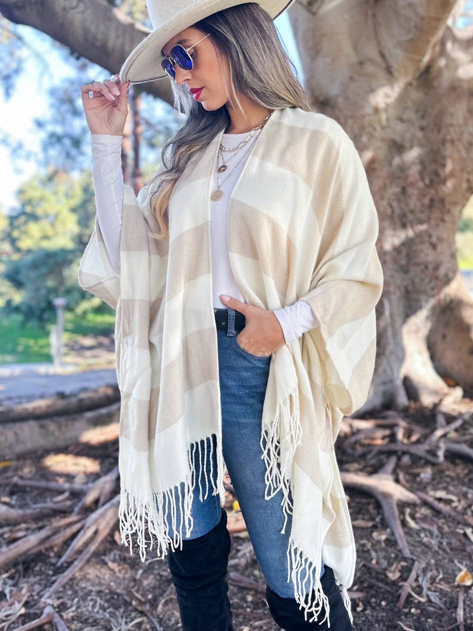 Cream Stripe Print Knitted Cozy Ruana Cardigan With Tassel