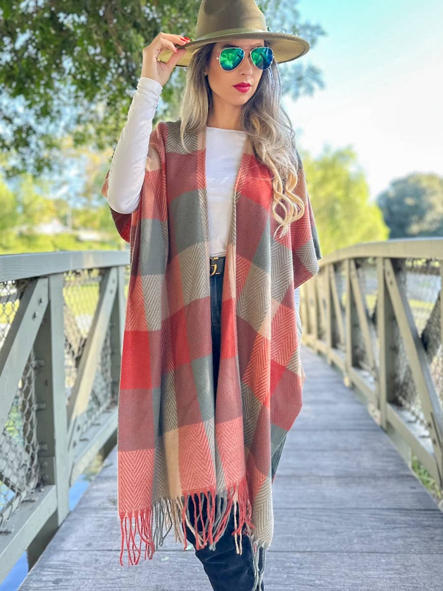 Elegant Rust Autumn Check Plaid Ruana Cardigan with Tassels