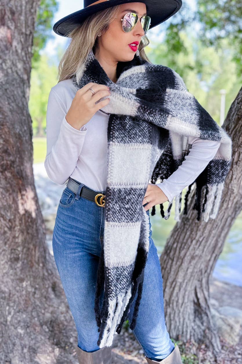 Black Plaid Printed Cozy Warm Knit Oblong Scarf With Tassel