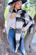 Black Plaid Printed Cozy Warm Knit Oblong Scarf With Tassel