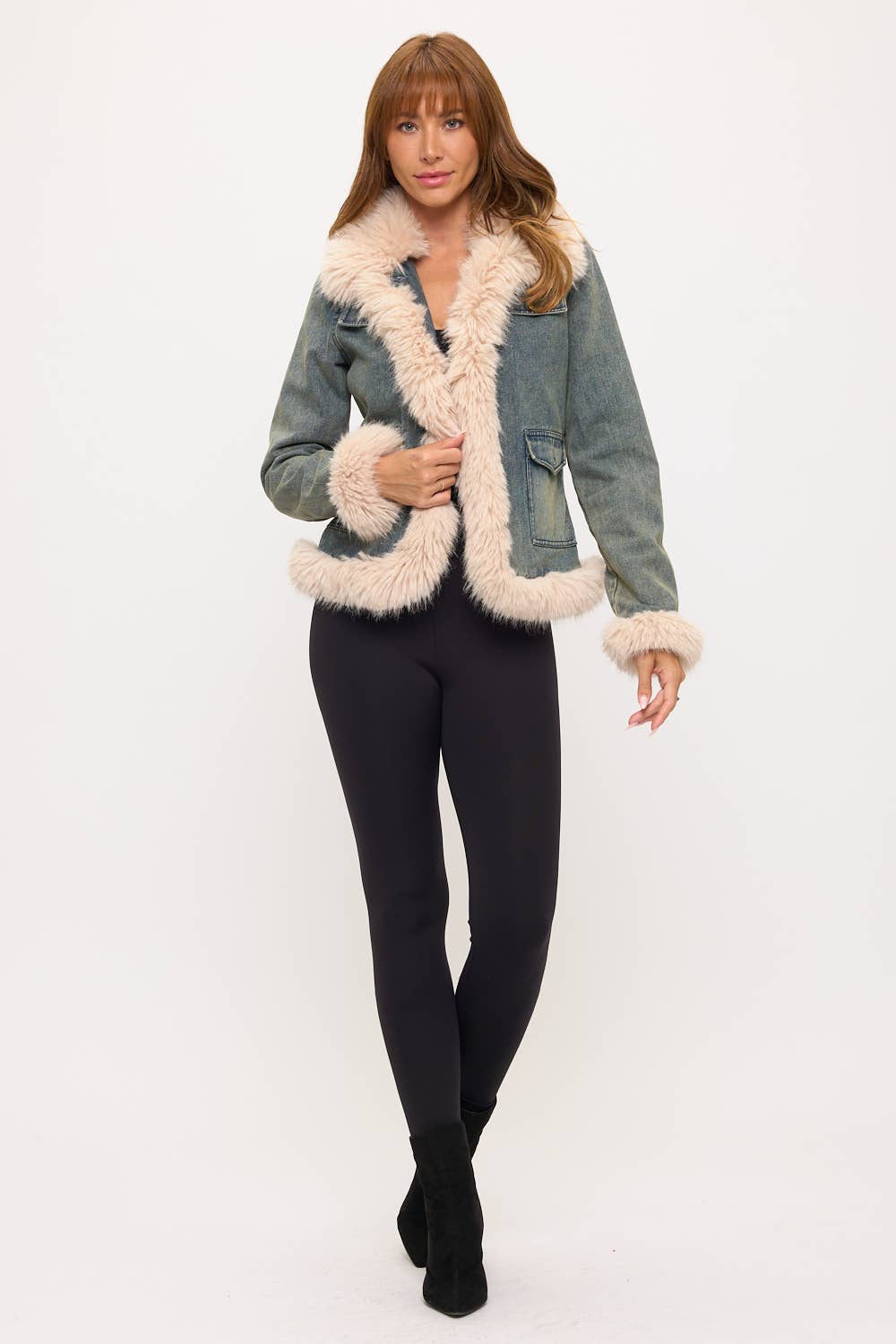 CLADJ0092: Vintage Chic Faux Fur Trim Denim Jacket