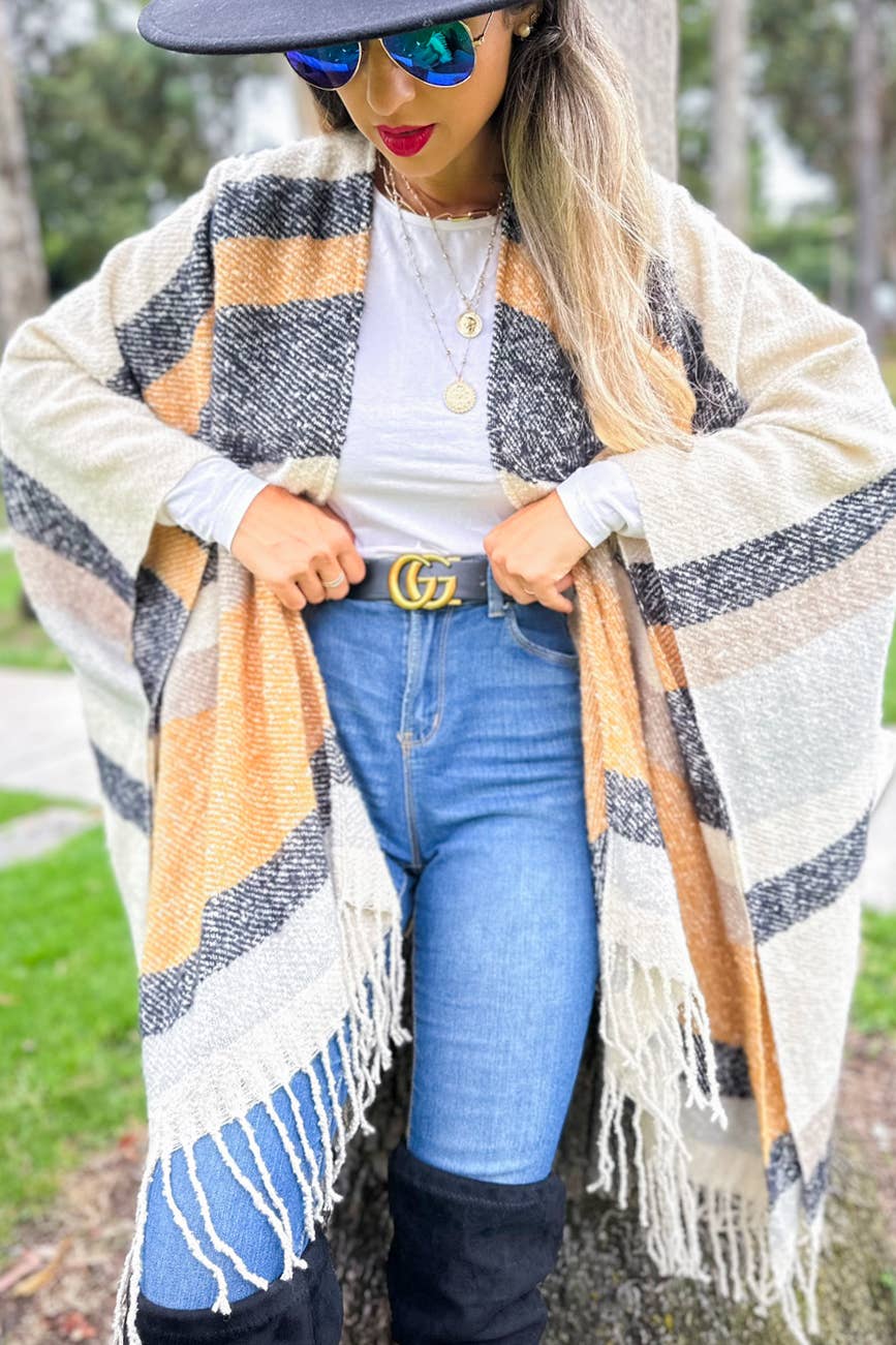 Oatmeal Multi Stripe Printed Soft Knit Cozy Ruana Cardigan