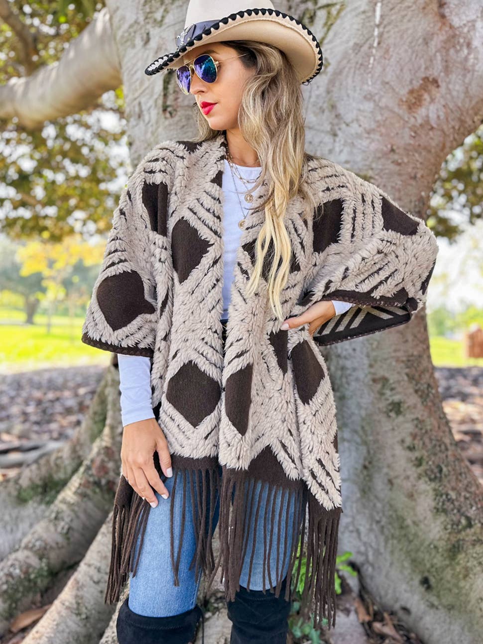 Western Boho 3D Geometric Textured Fringe Ruana Cardigan