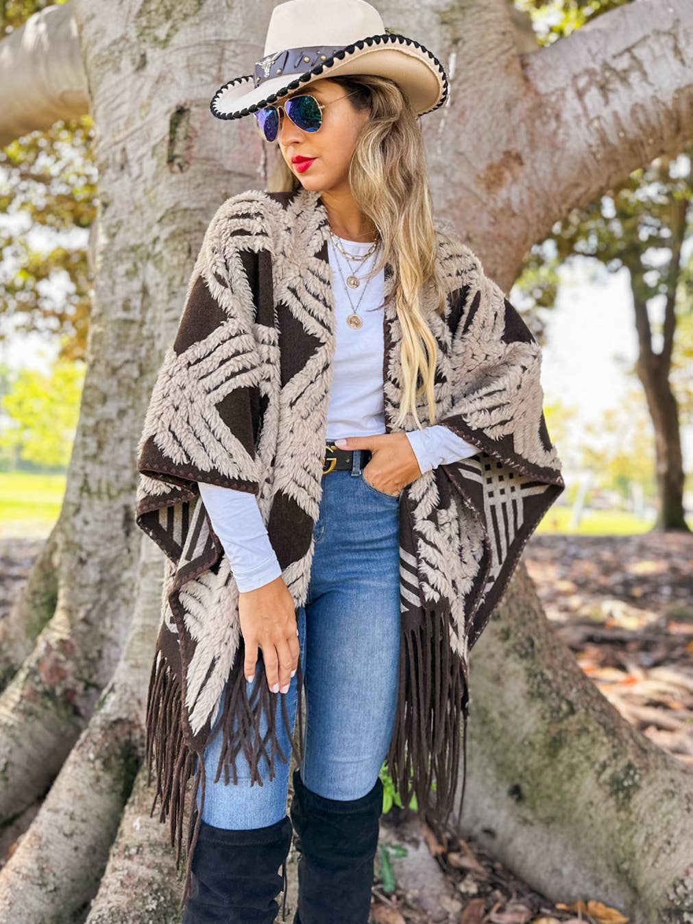 Western Boho 3D Geometric Textured Fringe Ruana Cardigan