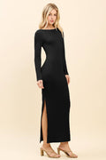 JD56291L - DOUBLE LAYERED BOAT NECK LONG SLEEVE SLIT MAXI