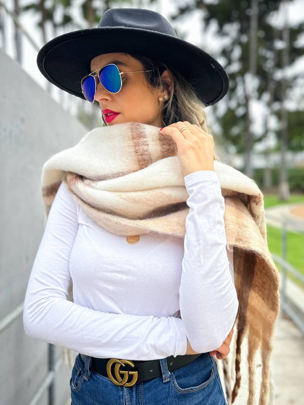Elegant Beige Two-Tone Plaid Knit Scarf with Tassels