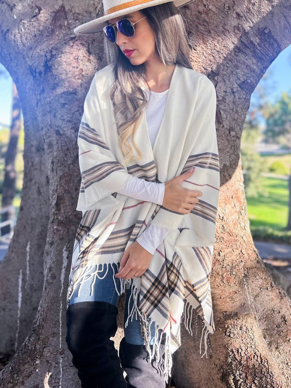 Ivory Plaid Print Knitted Ruana Kimono Cardigan with Tassel