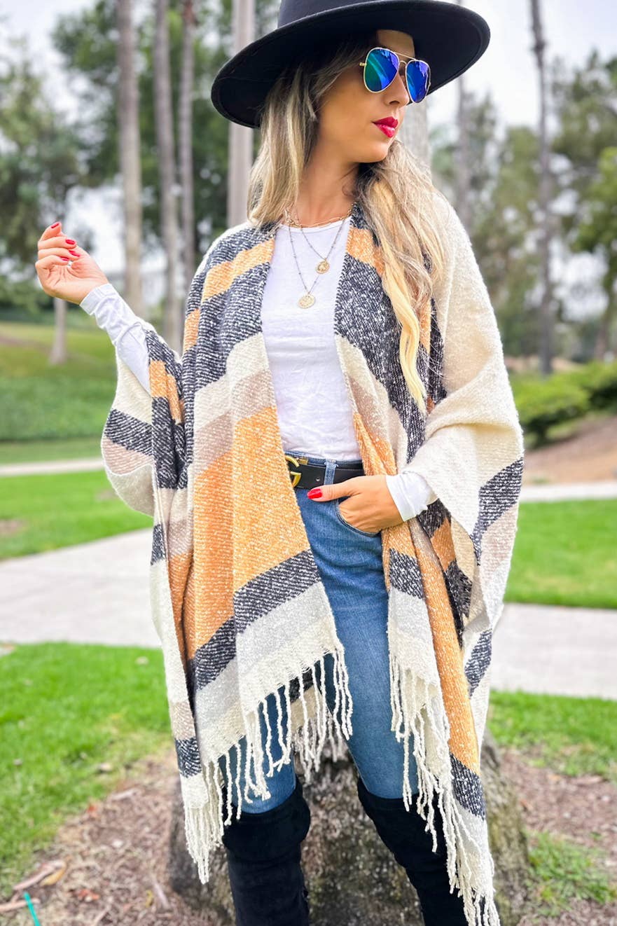 Oatmeal Multi Stripe Printed Soft Knit Cozy Ruana Cardigan