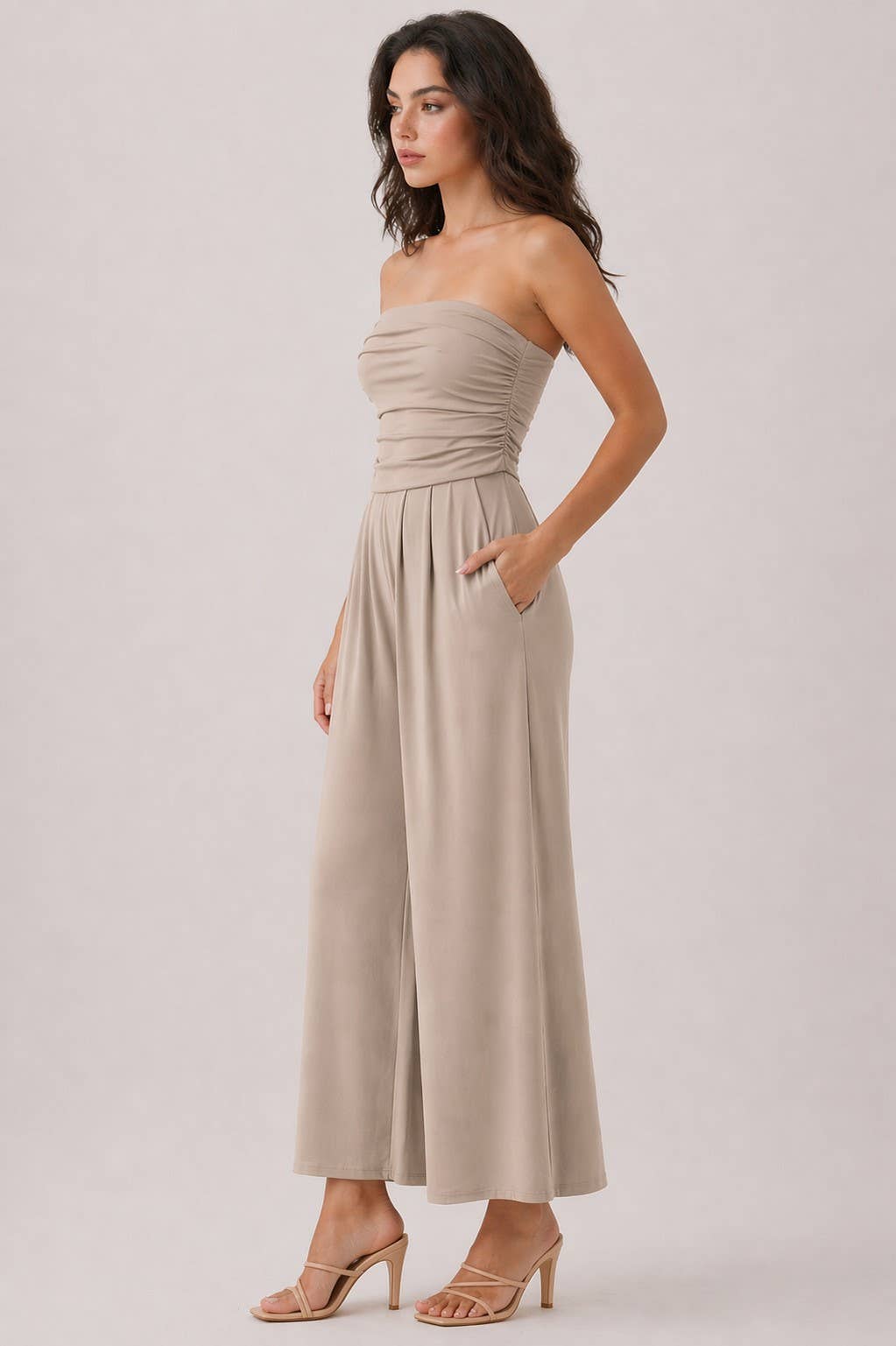JR16435F - TUBE TOP W/SHIRRING PALAZZO ROMPER