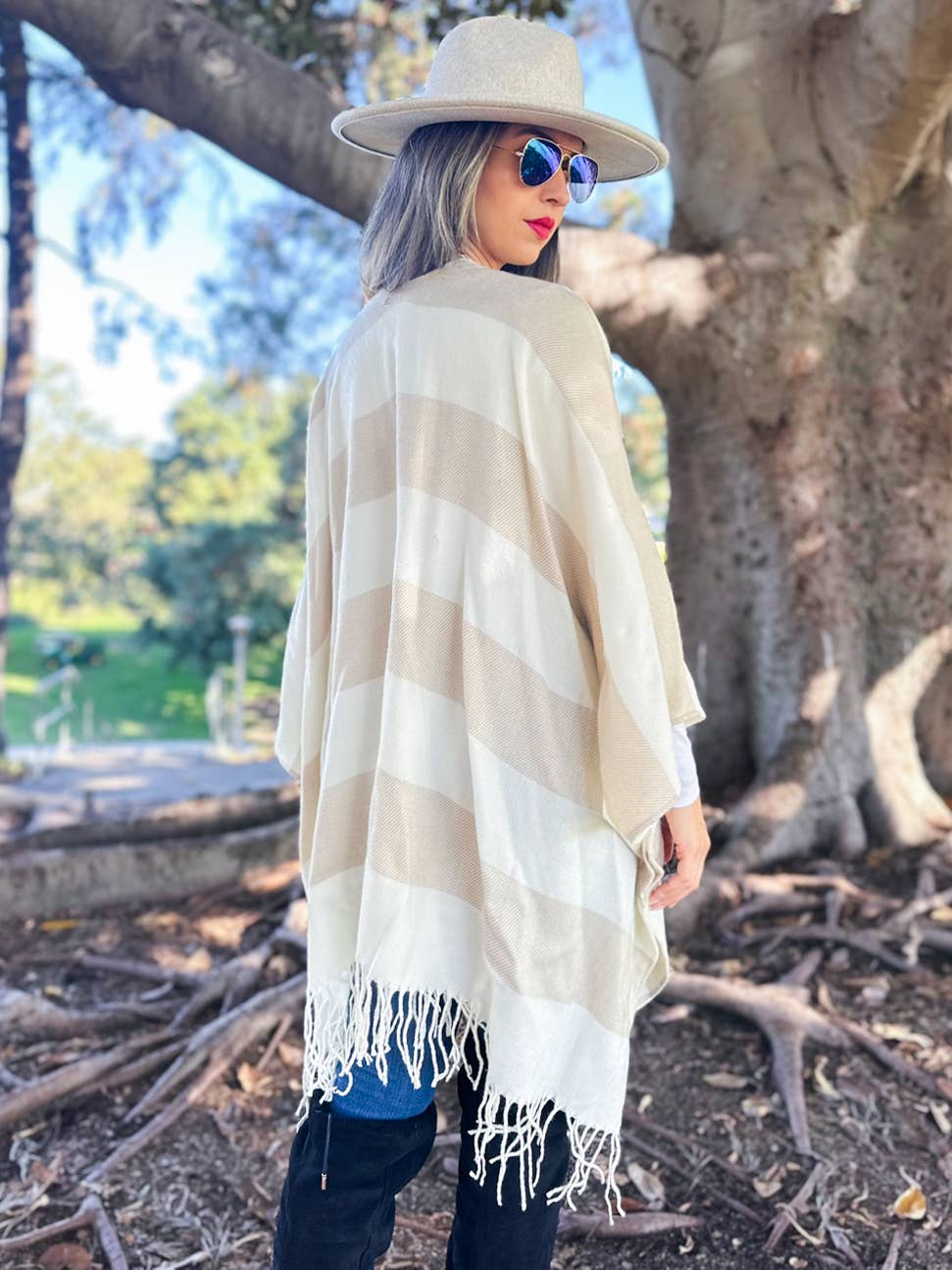 Cream Stripe Print Knitted Cozy Ruana Cardigan With Tassel