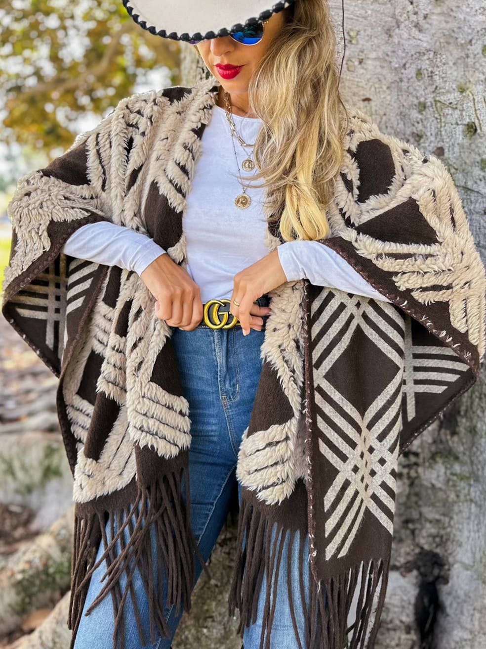 Western Boho 3D Geometric Textured Fringe Ruana Cardigan