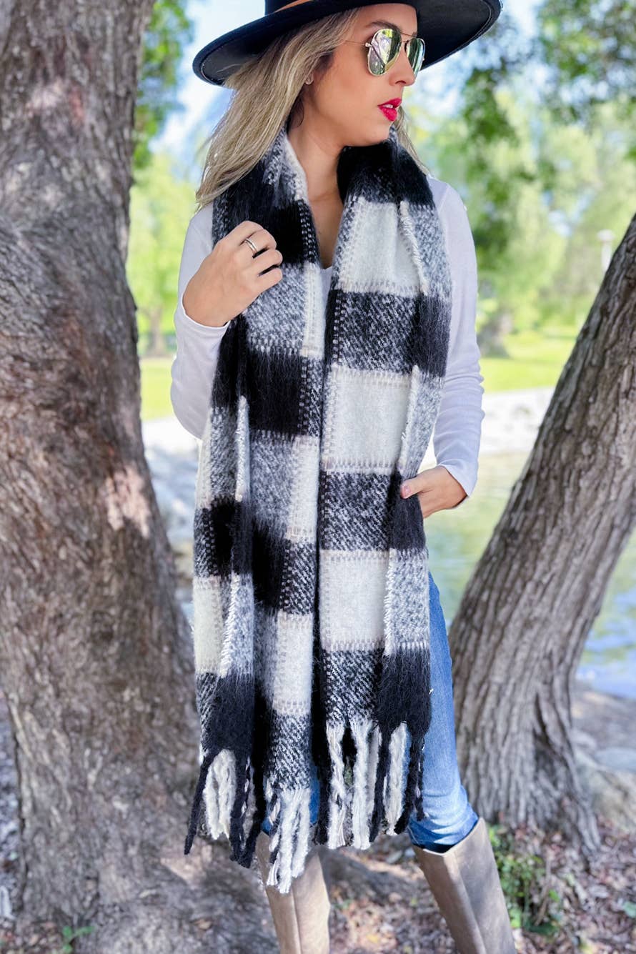 Black Plaid Printed Cozy Warm Knit Oblong Scarf With Tassel