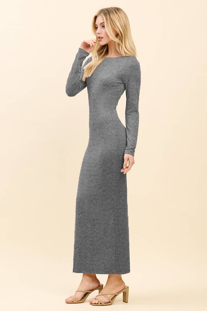 JD56291L - DOUBLE LAYERED BOAT NECK LONG SLEEVE SLIT MAXI