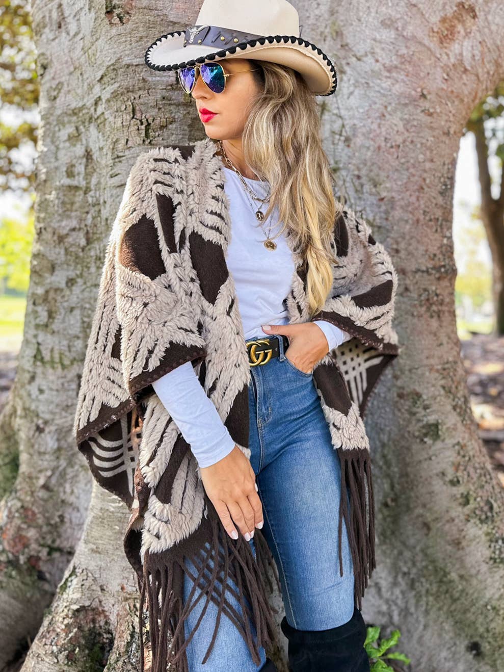 Western Boho 3D Geometric Textured Fringe Ruana Cardigan