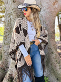 Western Boho 3D Geometric Textured Fringe Ruana Cardigan