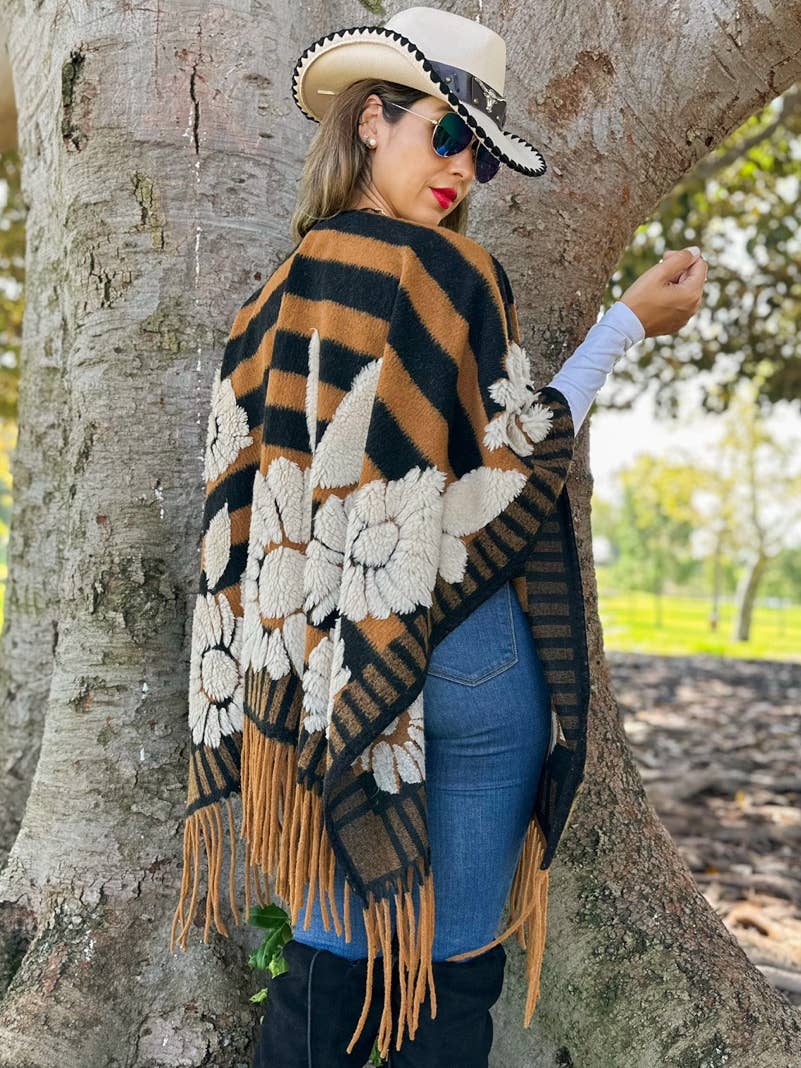Brown Western Boho 3D Floral Stripe Fringe Ruana Cardigan