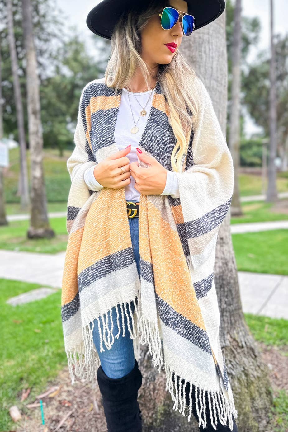 Oatmeal Multi Stripe Printed Soft Knit Cozy Ruana Cardigan