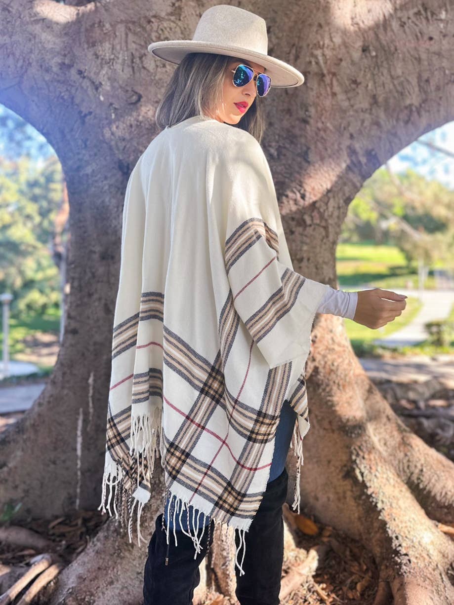 Ivory Plaid Print Knitted Ruana Kimono Cardigan with Tassel
