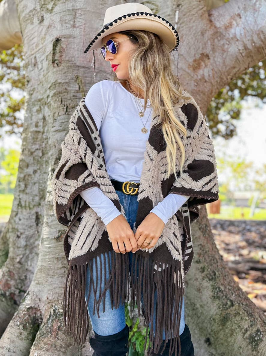 Western Boho 3D Geometric Textured Fringe Ruana Cardigan