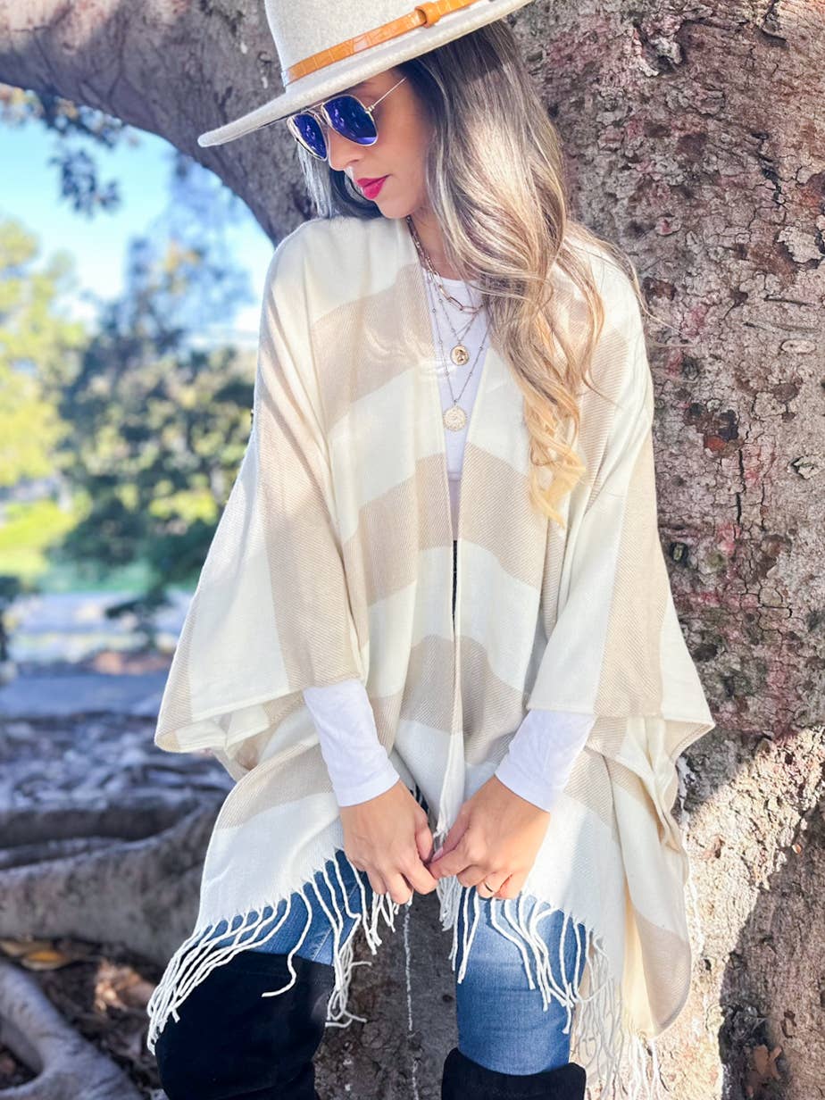 Cream Stripe Print Knitted Cozy Ruana Cardigan With Tassel