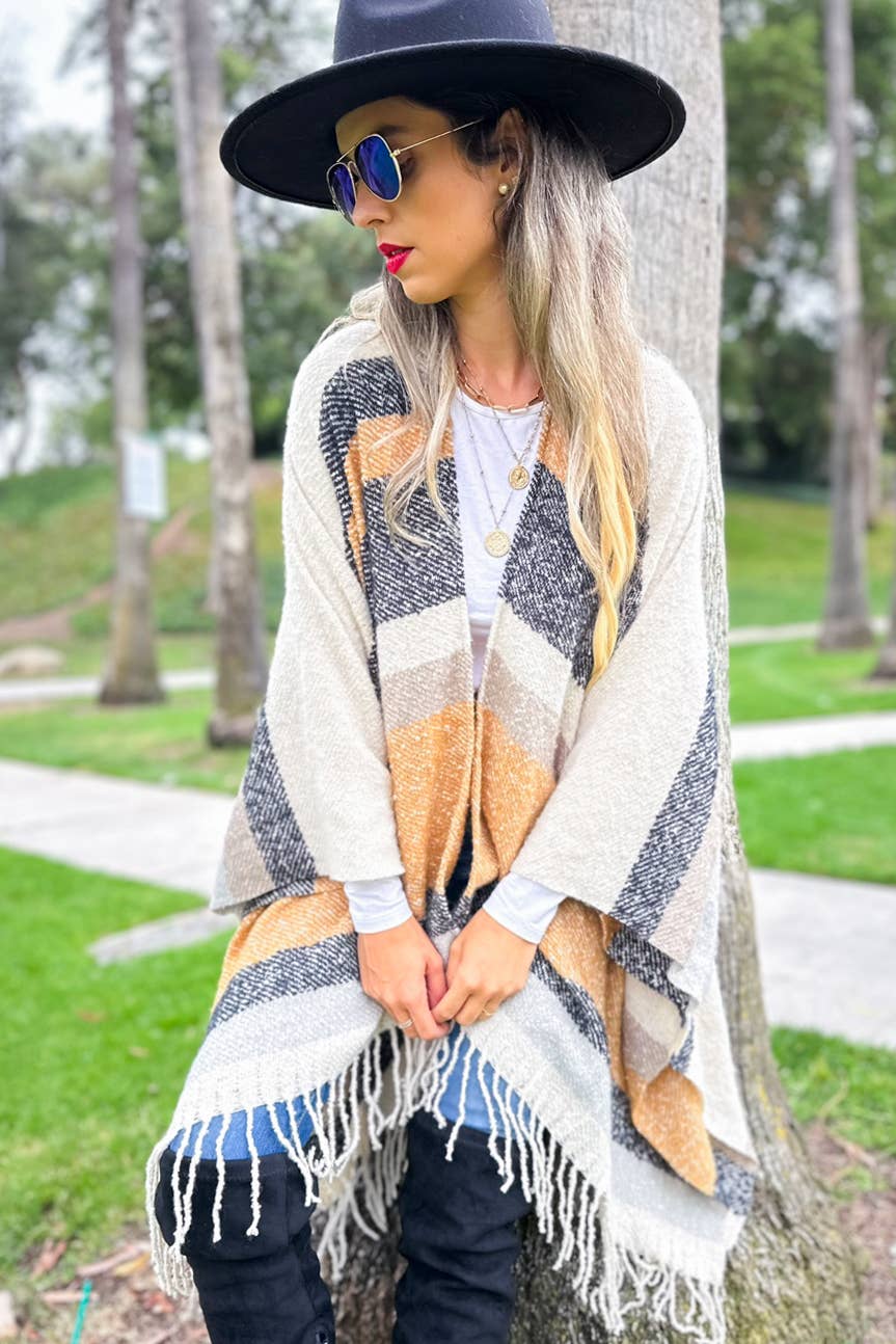 Oatmeal Multi Stripe Printed Soft Knit Cozy Ruana Cardigan