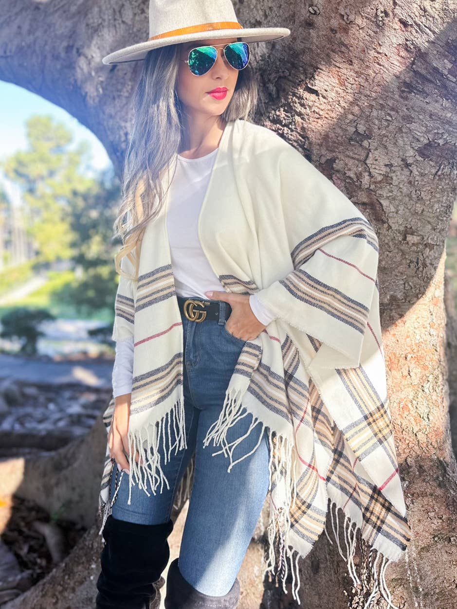 Ivory Plaid Print Knitted Ruana Kimono Cardigan with Tassel
