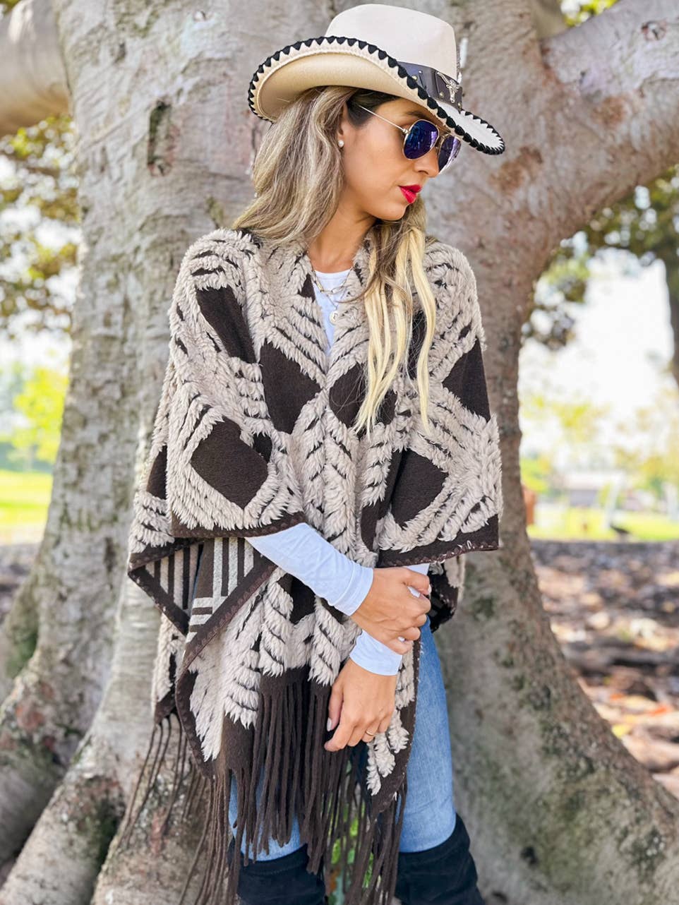 Western Boho 3D Geometric Textured Fringe Ruana Cardigan