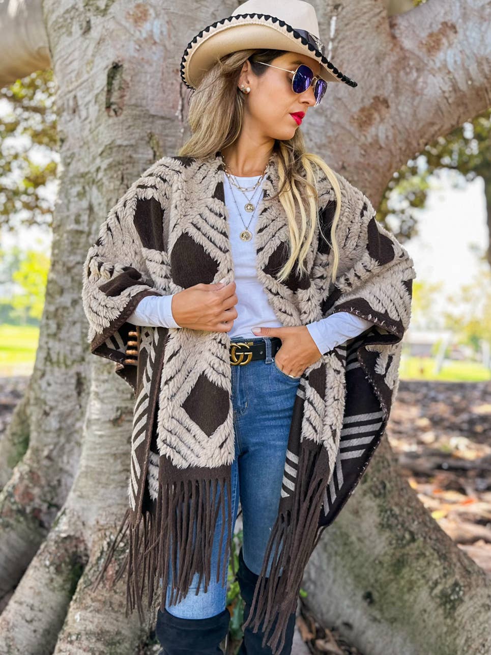 Western Boho 3D Geometric Textured Fringe Ruana Cardigan