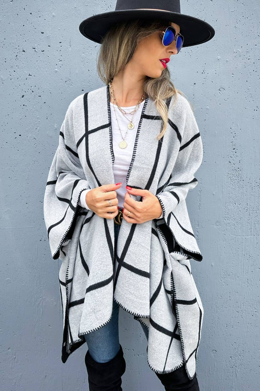 Black Grey Dual-Tone Check Printed Cozy Reversible Ruana