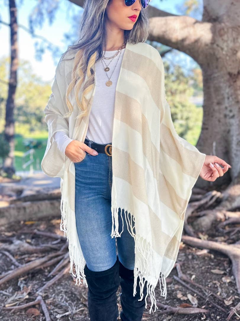 Cream Stripe Print Knitted Cozy Ruana Cardigan With Tassel