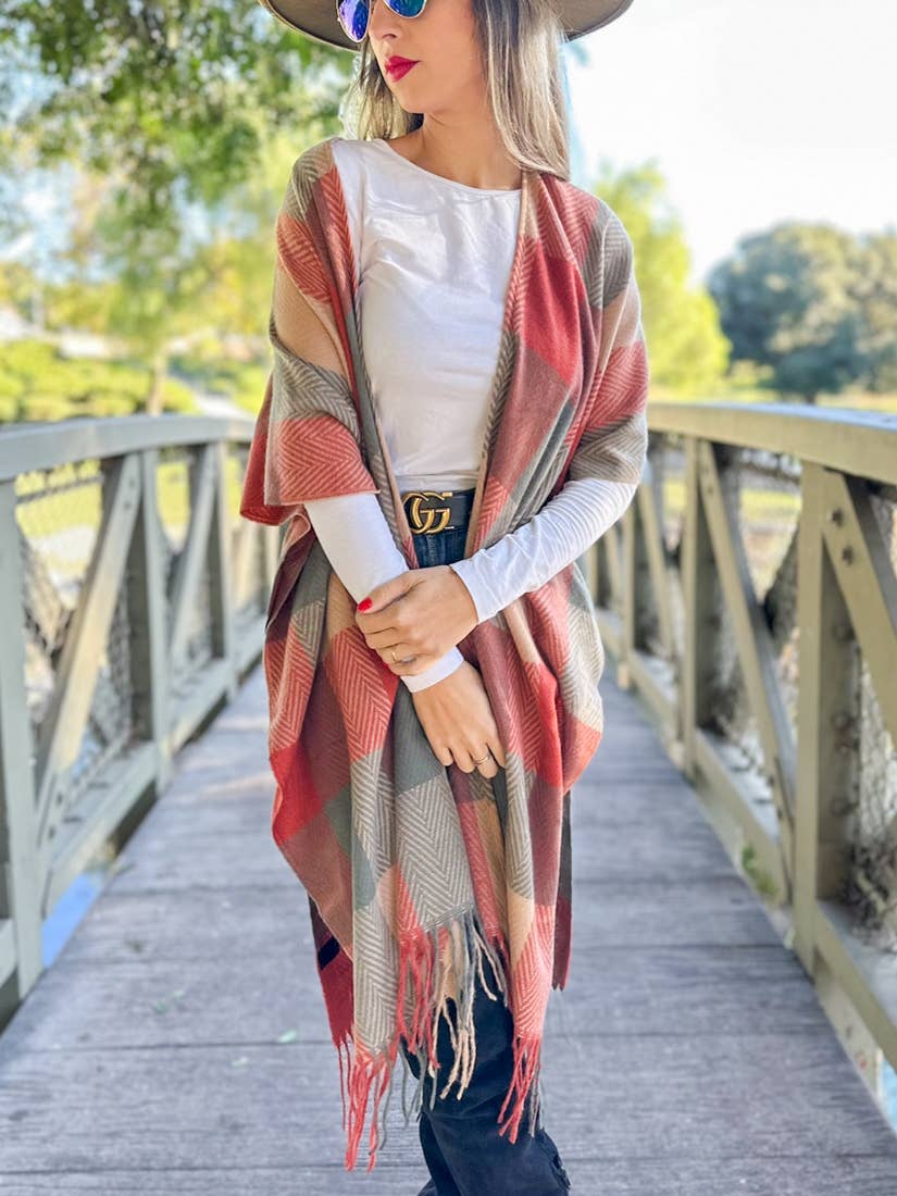 Elegant Rust Autumn Check Plaid Ruana Cardigan with Tassels