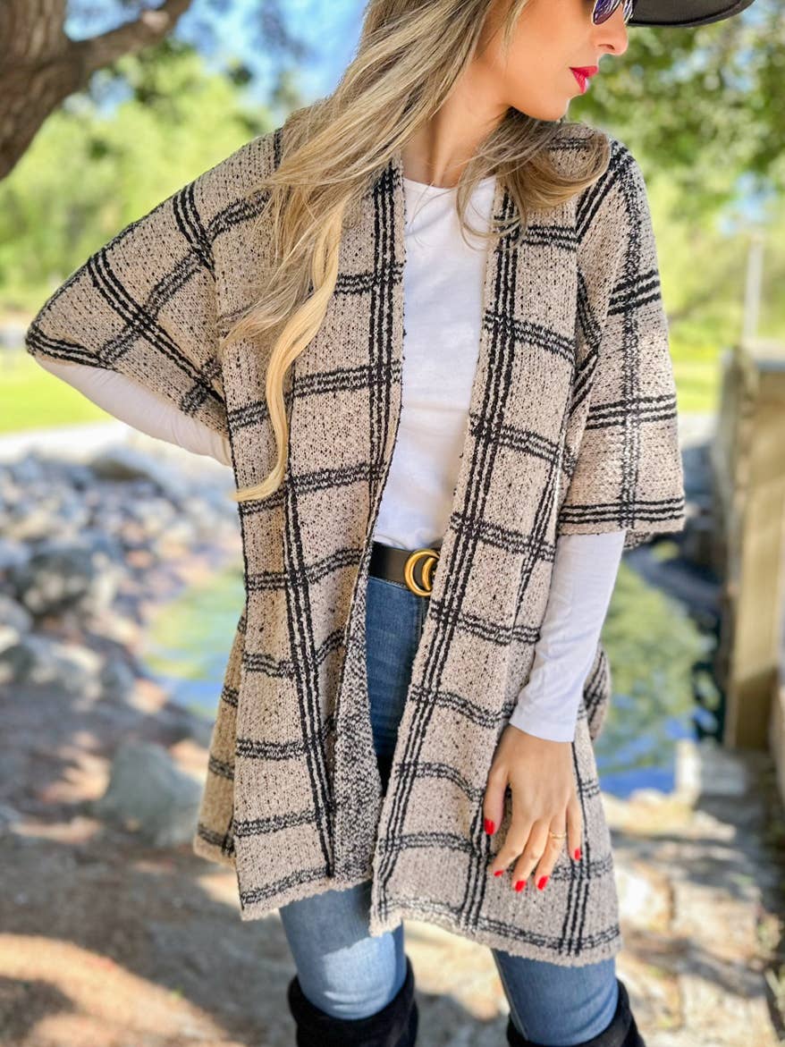 Chic Oatmeal Plaid Knitted Ruana Cardigan
