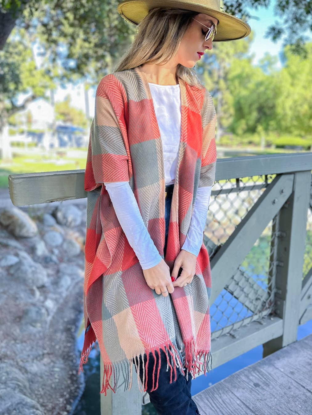 Elegant Rust Autumn Check Plaid Ruana Cardigan with Tassels