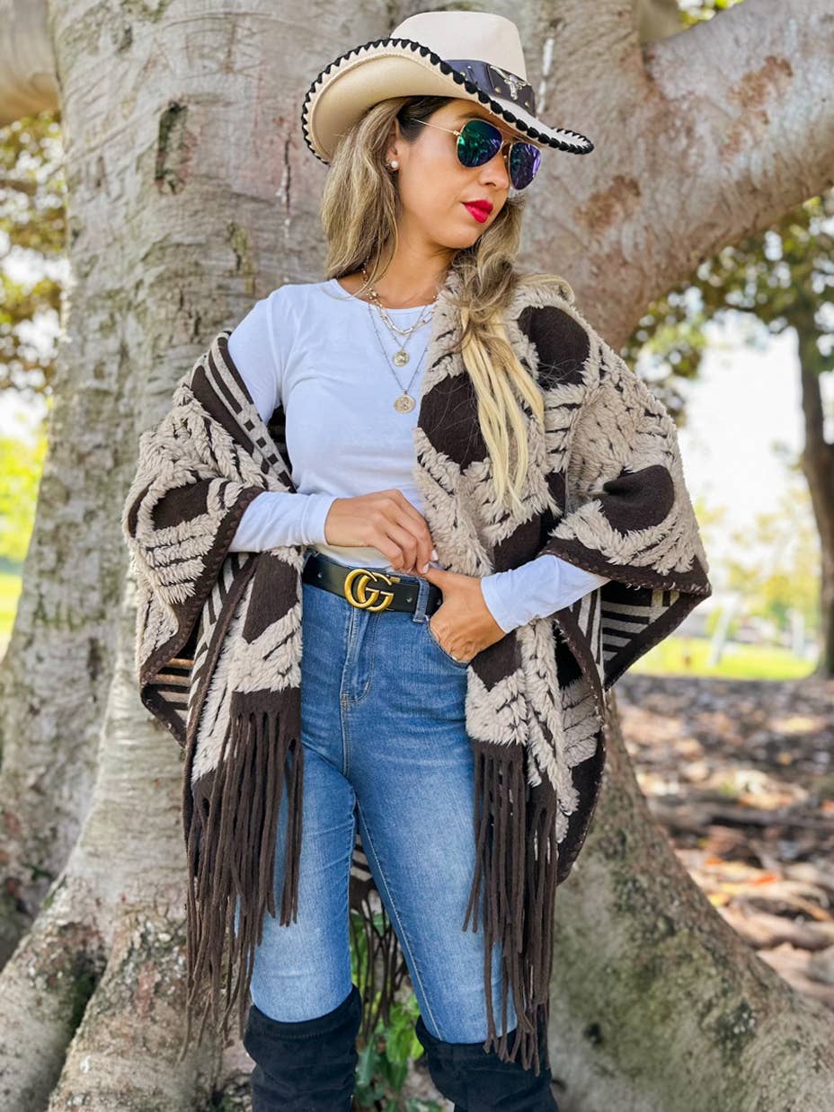 Western Boho 3D Geometric Textured Fringe Ruana Cardigan