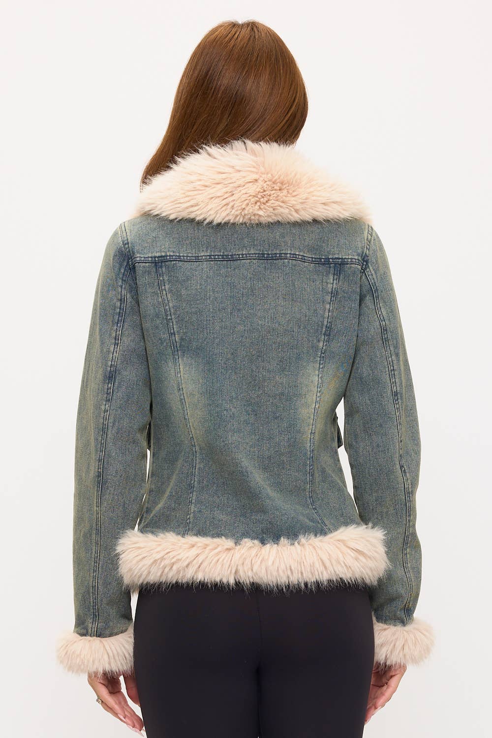 CLADJ0092: Vintage Chic Faux Fur Trim Denim Jacket