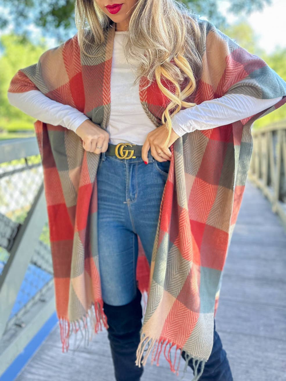 Elegant Rust Autumn Check Plaid Ruana Cardigan with Tassels