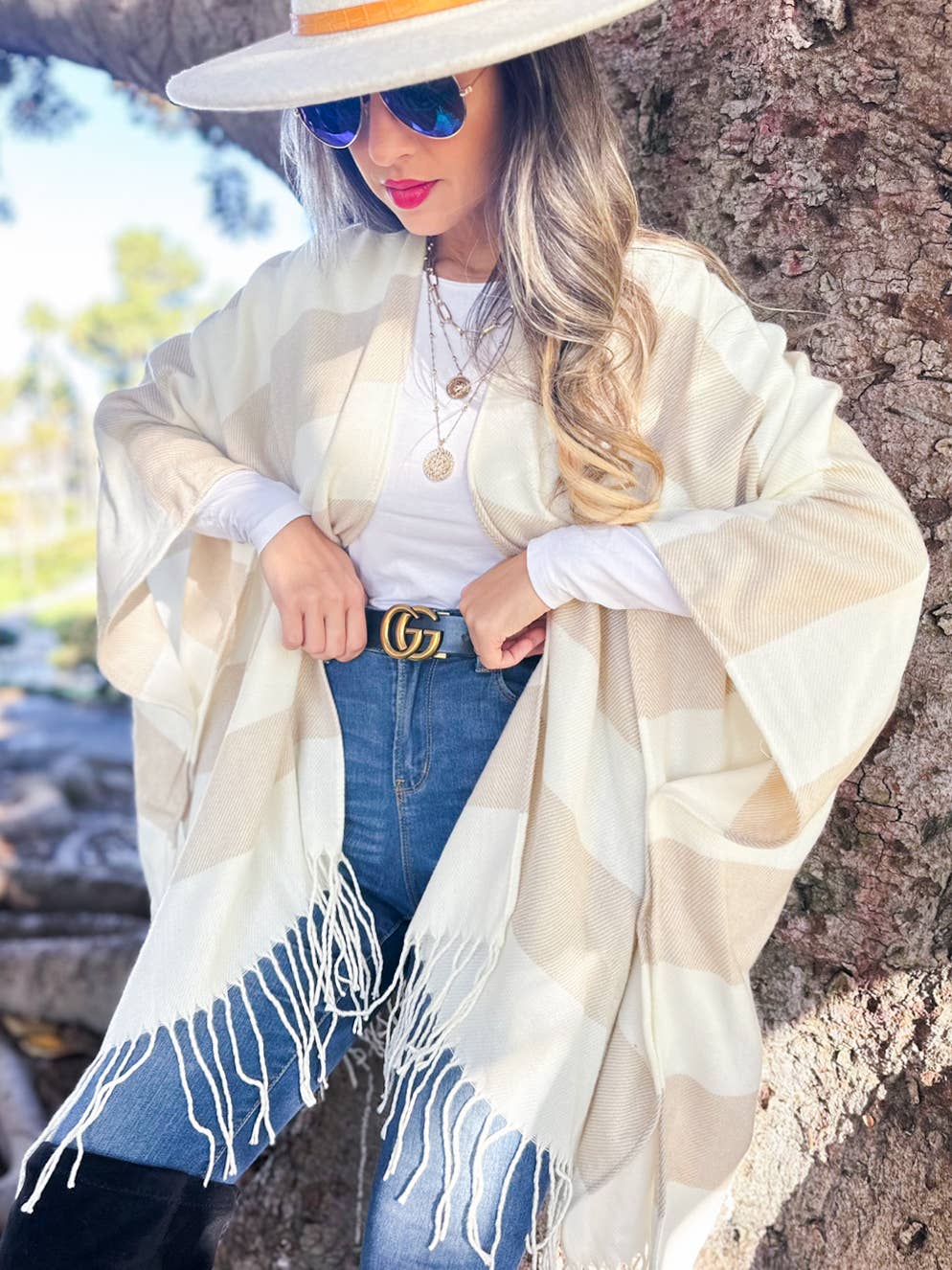 Cream Stripe Print Knitted Cozy Ruana Cardigan With Tassel