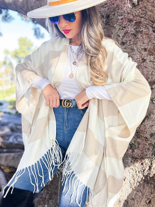 Cream Stripe Print Knitted Cozy Ruana Cardigan With Tassel